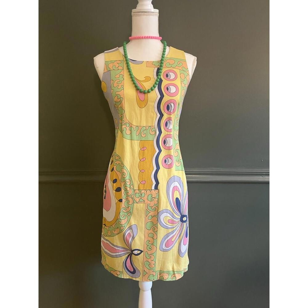 London Times Psychedelic A Line Day Dress sz 10 Butter Yellow Pink Multi Pastel